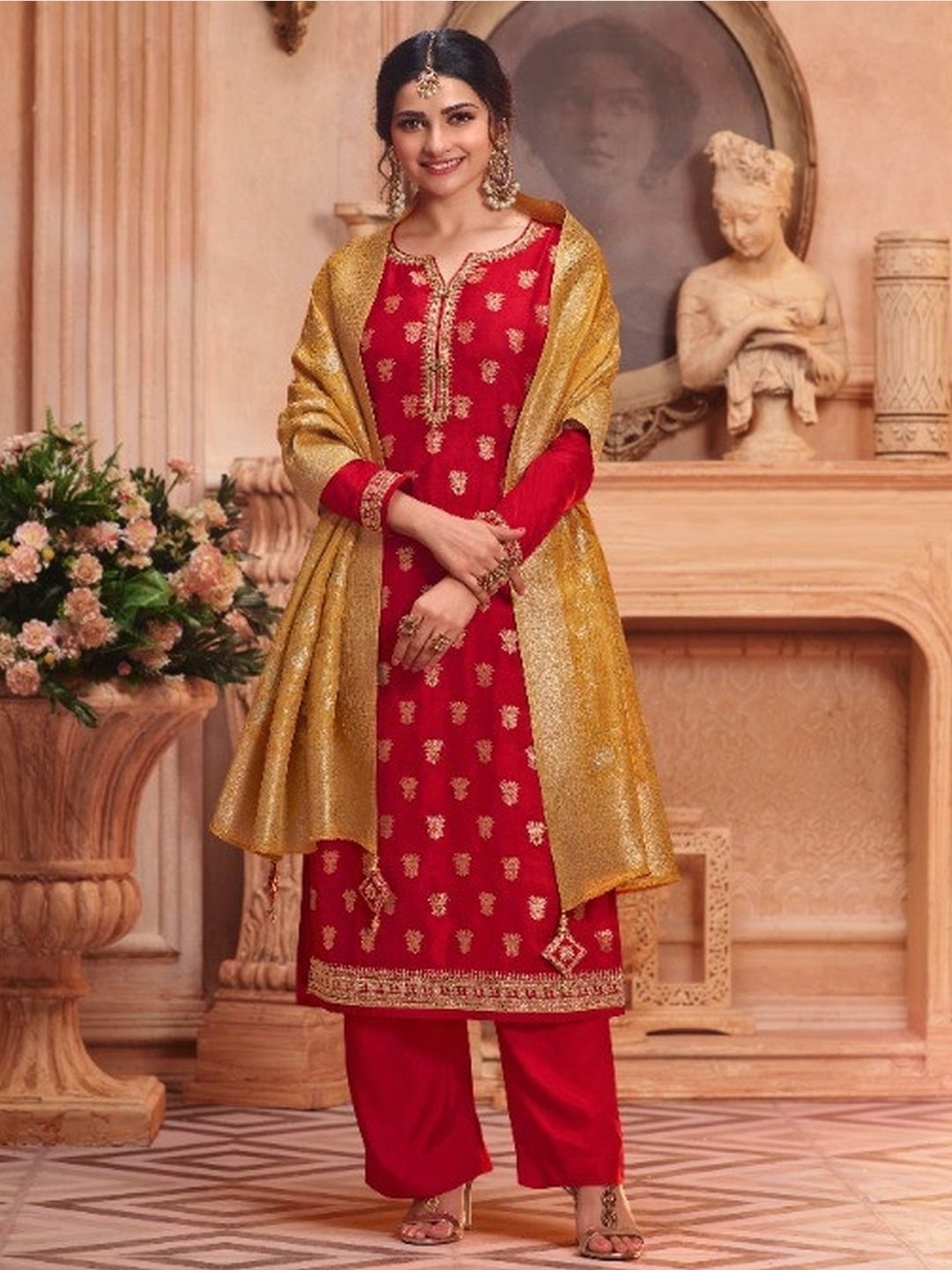 Designer Mono Net Embroidery Yellow Churidar Salwar Suit – tapee.in